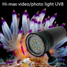 Hi-max UV8 high cree lumen 8 * CREE XM-L2 LED + 1 * XP-E rojo + 1 * XP-E LED azul profesional luz de video subacuática